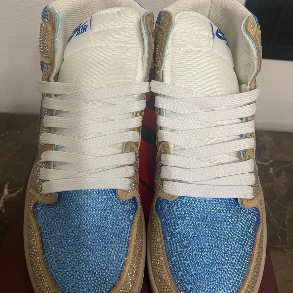 Custom Blue & Gold Rhinstone Nike Air Jordan Sneakers Euro 46, Fits Men's 10.5